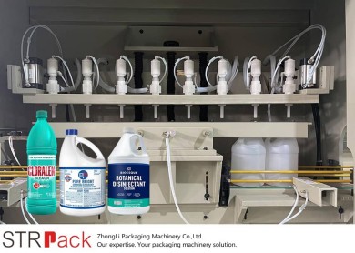 Автоматическая линия по розливу и укупорке антикоррозийных галлоновых бутылей с отбеливателем и дезинфицирующим средством